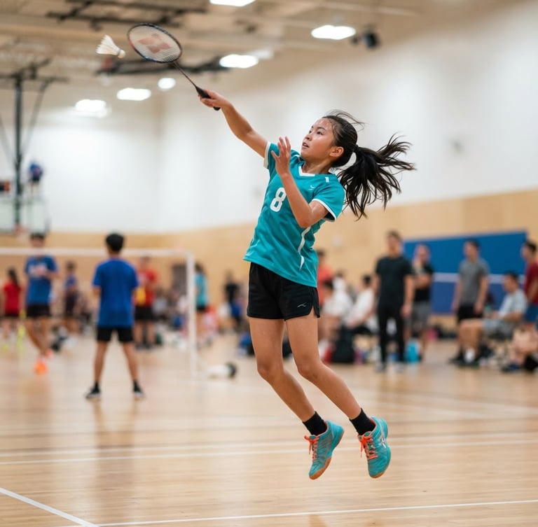 Dynamic action freeze of a young girl in a bright teal jersey leaping to smash a shuttlecock, high-energy gym lighting, shallow depth of field.