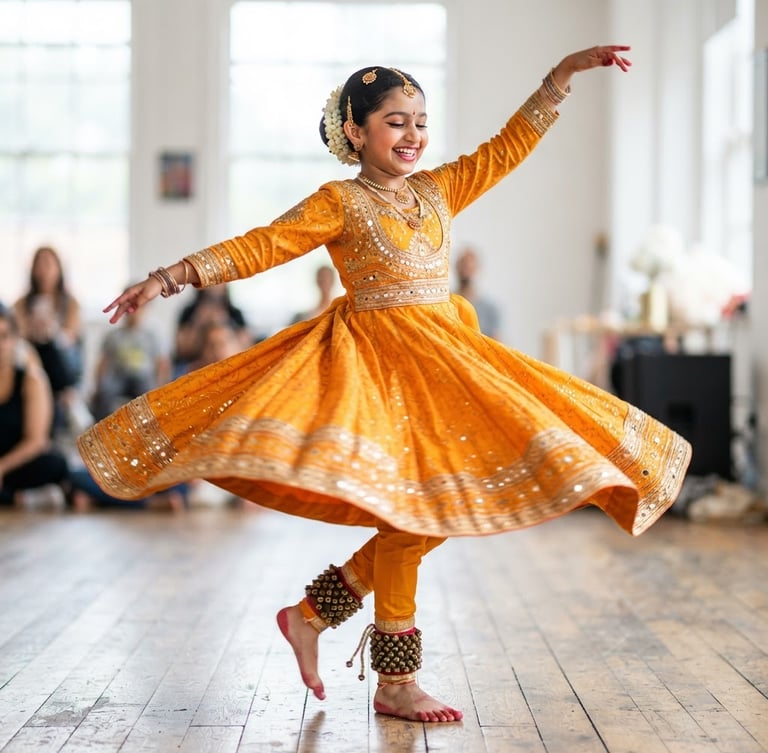 Action freeze of a young girl spinning in a traditional warm marigold Kathak dress, ankle bells catching the stage light, dynamic motion blur, bright daylight studio.