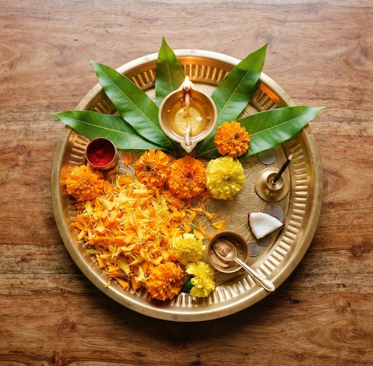 Top-down flat lay of a polished brass pooja plate with fresh marigold petals, a small oil lamp, and fresh green mango leaves on a warm wooden surface, bright morning light, 35mm