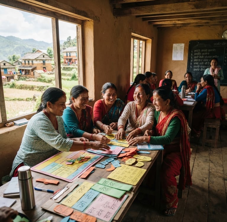 A wide shot of Nepalese teachers engaged in a lively training session in a rural classroom, natural window light, focused on hands-on learning materials, with a backdrop of traditional village architecture visible through the window. Shallow depth of field, rich organic tones.