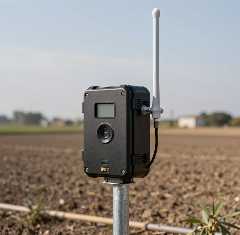 IP67-rated telemetry enclosure mounted on a galvanized steel post in an open agricultural field, crisp daylight, showing rugged casing and external high-gain antenna.
