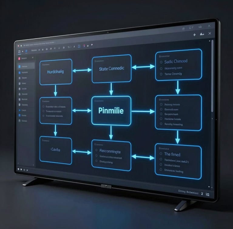 High-fidelity UI wireframe of an automated state change pipeline, crisp electric-blue vector lines connecting node cards, dark mode interface, sharp cool-toned studio light