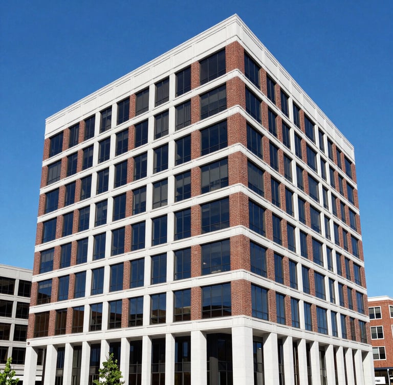 Professional editorial photography of a modern commercial brick office building in downtown Memphis, bright natural daylight, deep blue sky, clean architectural lines, sharp focus, 35mm lens.