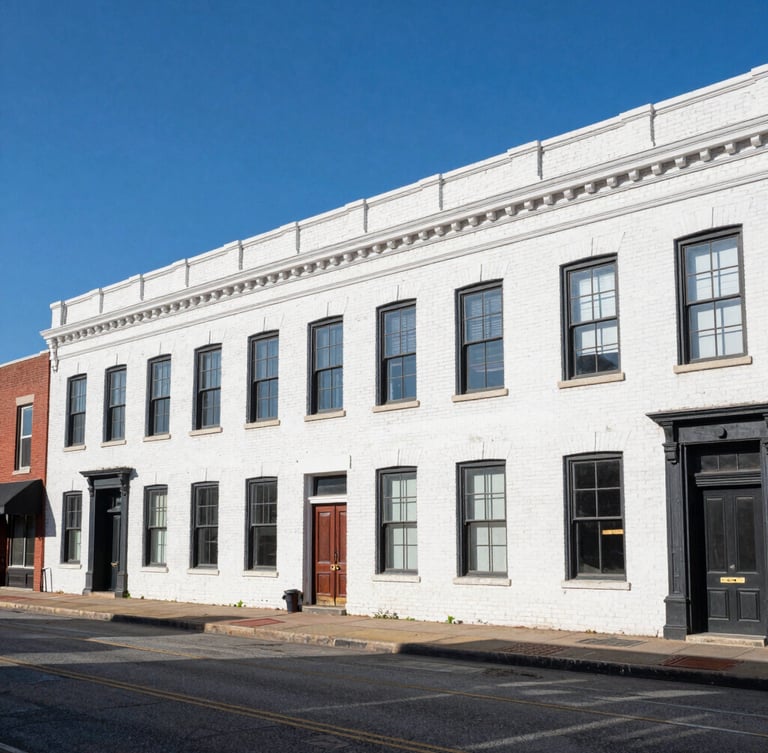 Wide-angle architectural photograph of historic Beale Street brick buildings in bright morning daylight, clean shadows, deep blue sky, professional editorial style.