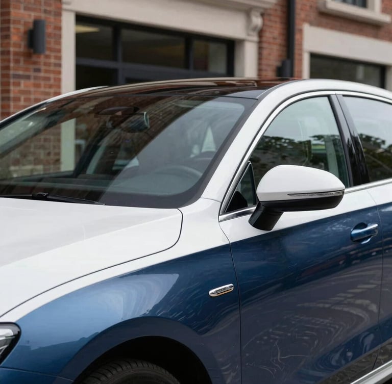 Medium-close detail of a clean, sophisticated modern sedan parked near a classic brick storefront under bright, natural daylight, professional editorial photography.