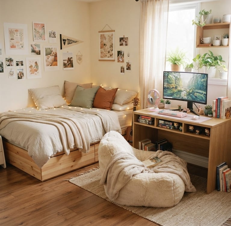 Sunlit teen bedroom with a low-profile storage bed, a pastel wood gaming desk, and a faux fur bean lounger, diffused morning light, shallow depth of field, 35mm