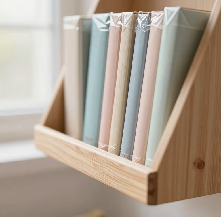 Close-up of a neatly packed pastel wood floating book rack with protective wrapping, bright diffused morning light, shallow depth of field, 35mm