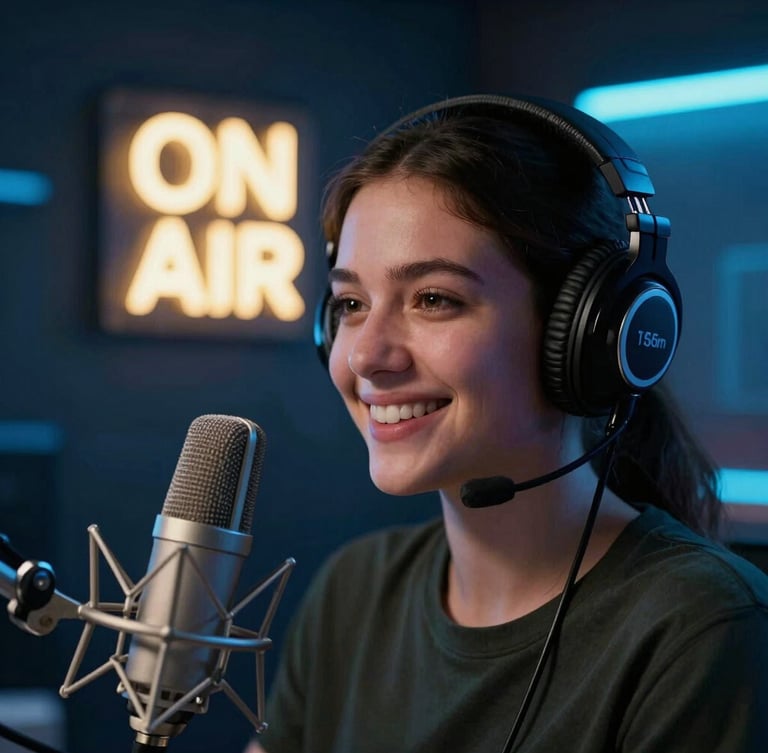 Medium close-up of a smiling young female radio speaker with headphones in a dark studio with neon blue and gold ambient lights, professional broadcast microphone, glowing ON AIR sign in the background, shallow depth of field, 35mm