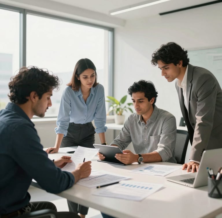 Wide environmental shot of a modern collaborative workspace in Gurugram, high-key daylight, clean cool shadows, professionals reviewing financial documents on a tablet.