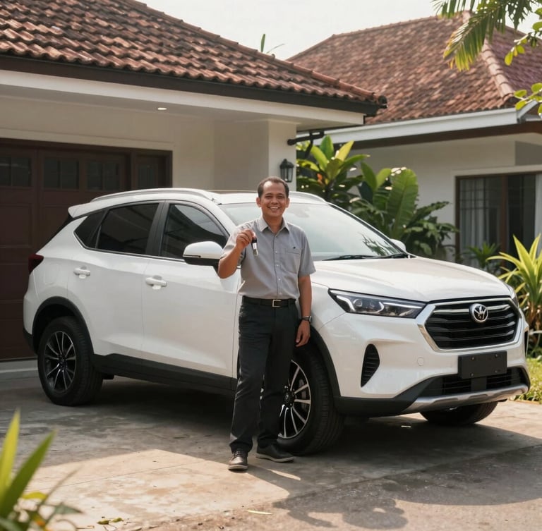 A clean modern SUV parked in a bright, sunlit Indonesian family home driveway. A local Indonesian business owner stands next to the car smiling, holding keys, shot at eye-level, warm natural morning light.