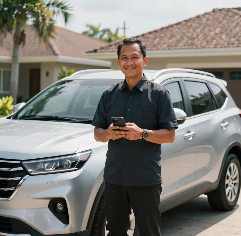 Eye-level medium shot of an Indonesian professional standing next to a clean silver SUV in a bright, sunlit suburban driveway, holding a smartphone with a confident smile, natural daylight.