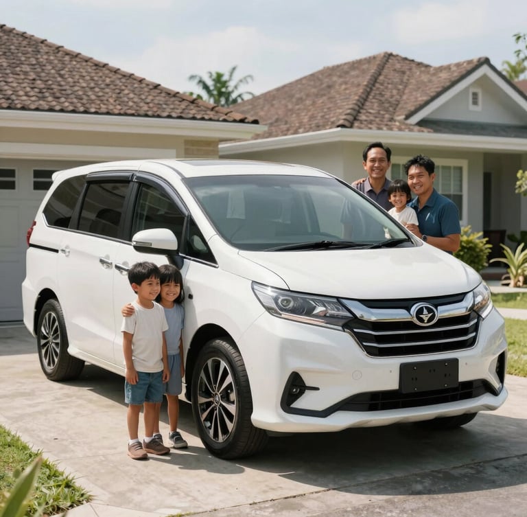 An Indonesian family smiling in front of their clean, modern MPV car parked in a bright, sunny suburban driveway.