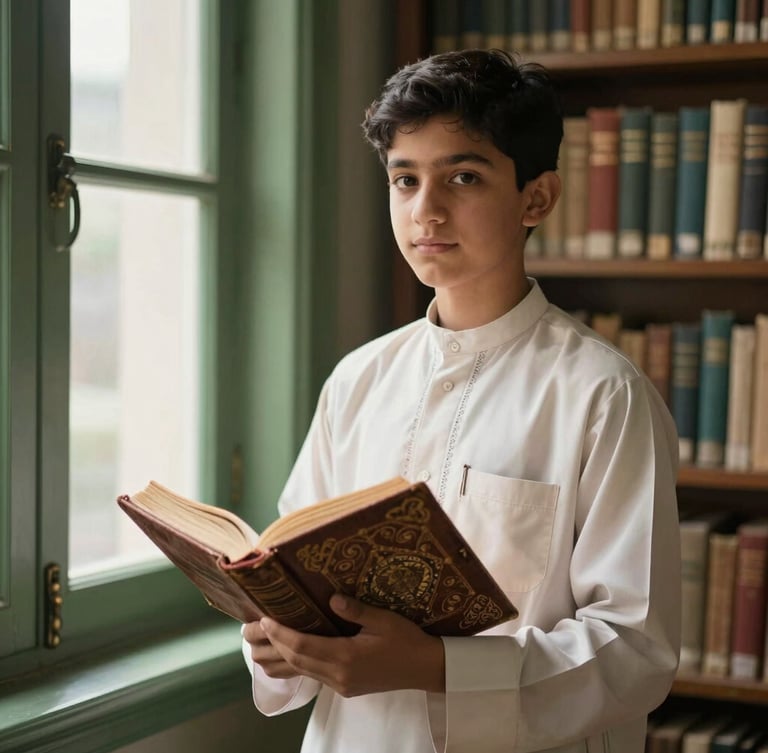 A serene portrait of a young student in traditional Islamic attire holding an ancient leather-bound manuscript inside a library filled with books, soft warm natural light filtering through a window, 35mm lens, atmospheric depth.