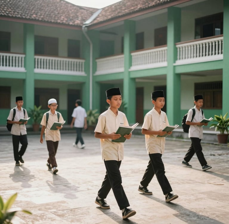 Soft morning sunlight illuminating a serene green Islamic boarding school courtyard, students walking with books, traditional Indonesian pesantren architecture, 35mm lens editorial photography