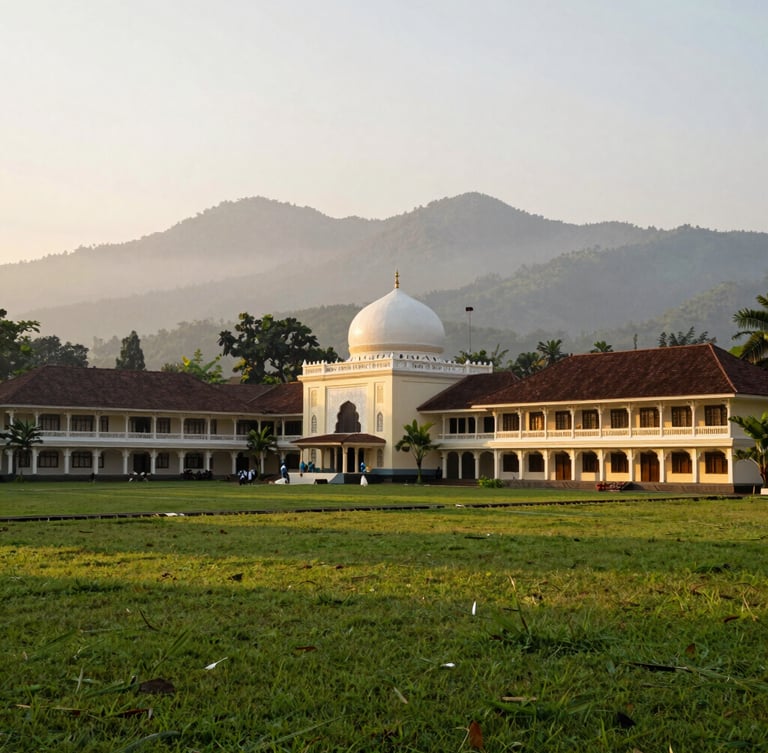 Wide shot of a lush green pesantren campus in West Java during golden hour, elegant traditional Indonesian-Islamic architecture, misty mountains in the background, soft warm lighting.