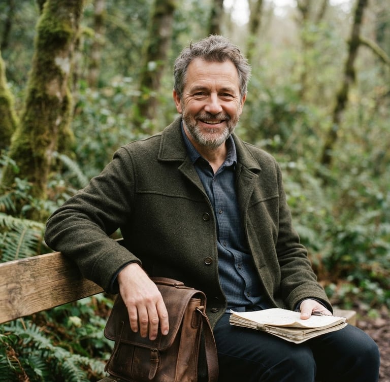 Autêntico retrato do autor em um ambiente natural, sorrindo gentilmente, com luz natural suave, 35mm lens, shallow depth of field, muted green and warm wood tones.