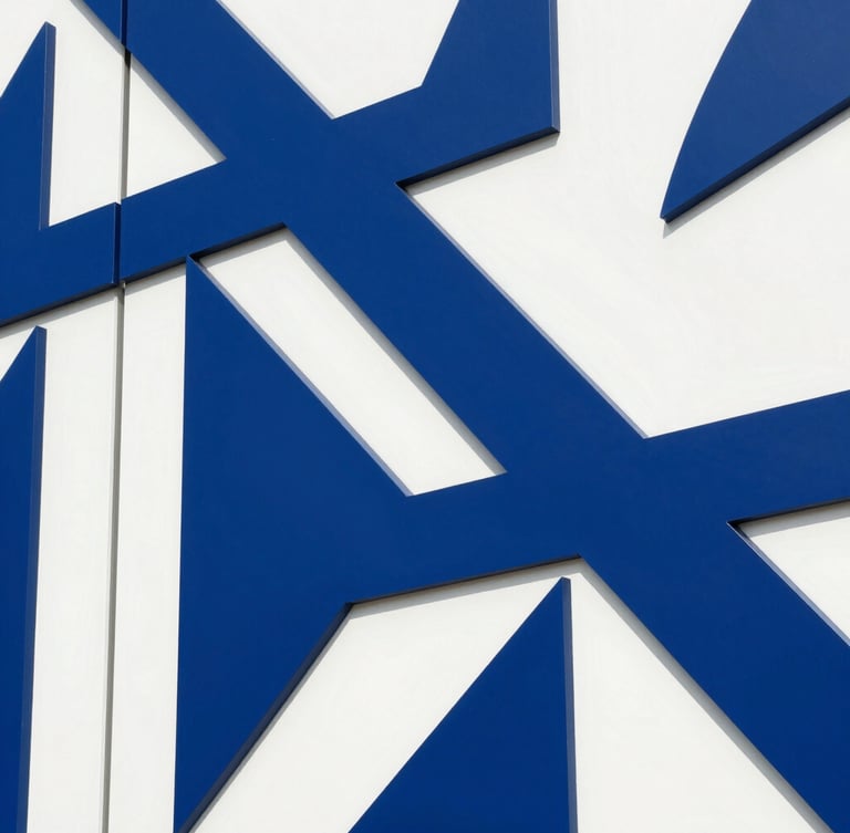 Close-up of premium CNC-milled MDF panels with geometric patterns, bright daylight highlighting the crisp blue and white corporate finish, architectural precision.