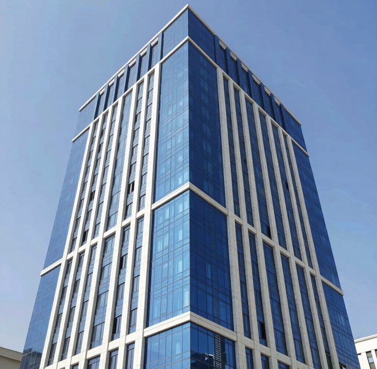 Low-angle architectural shot of a modern corporate building in Sana'a with premium blue cladding and structural glass, bright daylight, clear sky, realistic
