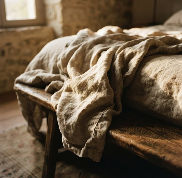 Close-up of heavyweight rumpled linen sheets draped over a rustic wooden bench, soft low-angle afternoon sun casting deep shadows, highlighting the rich fabric weave, warm desaturated tones, 35mm photography.