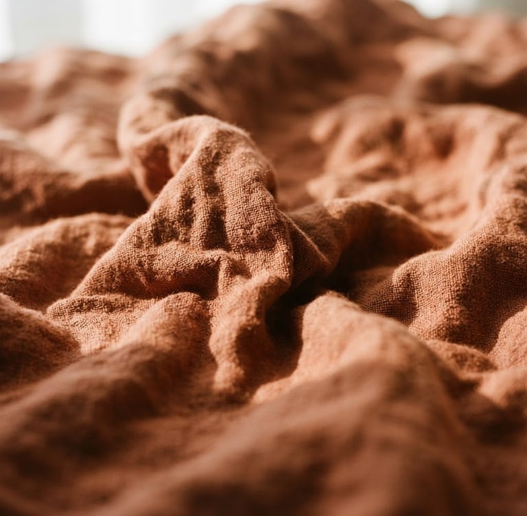 Tight macro shot of rumpled terracotta linen fabric, soft afternoon window light, high-contrast shadows highlighting the rich tactile weave, shallow depth of field, 35mm