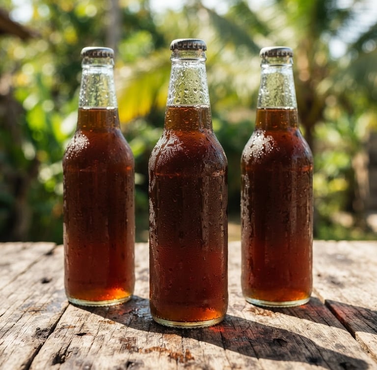 Eye-level macro shot of condensation-covered glass bottles of Shwin Tamarind Tea standing on a rustic wooden counter under bright tropical afternoon sunlight with sharp shadows.