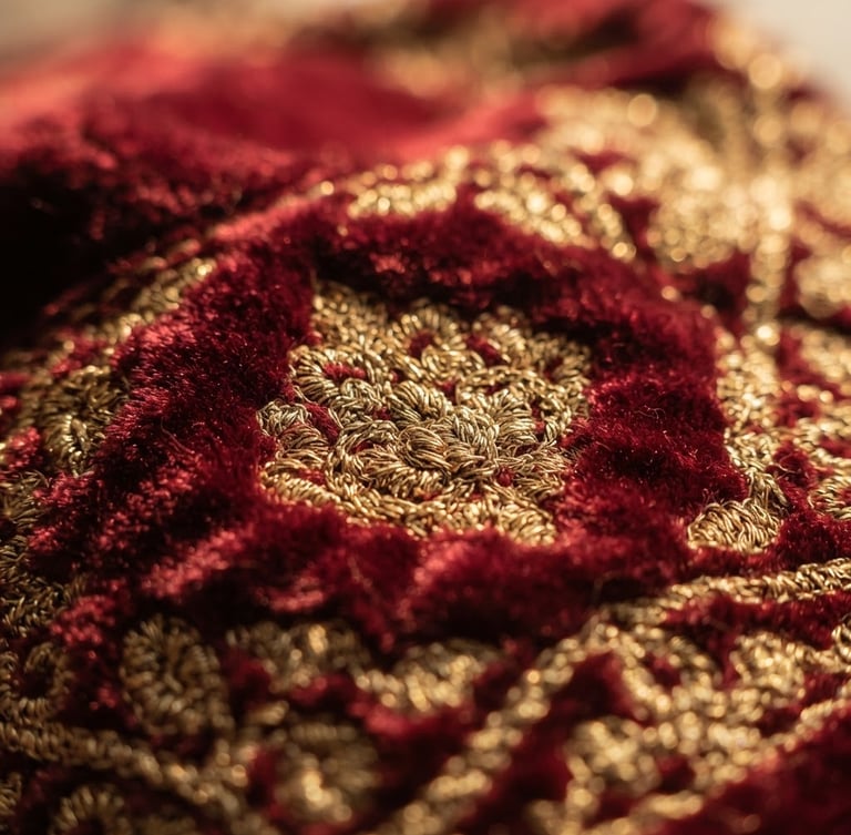 Close-up of premium deep crimson velvet peci fabric, showing the fine gold thread stitching details and rich texture, warm morning window lighting, shallow depth of field