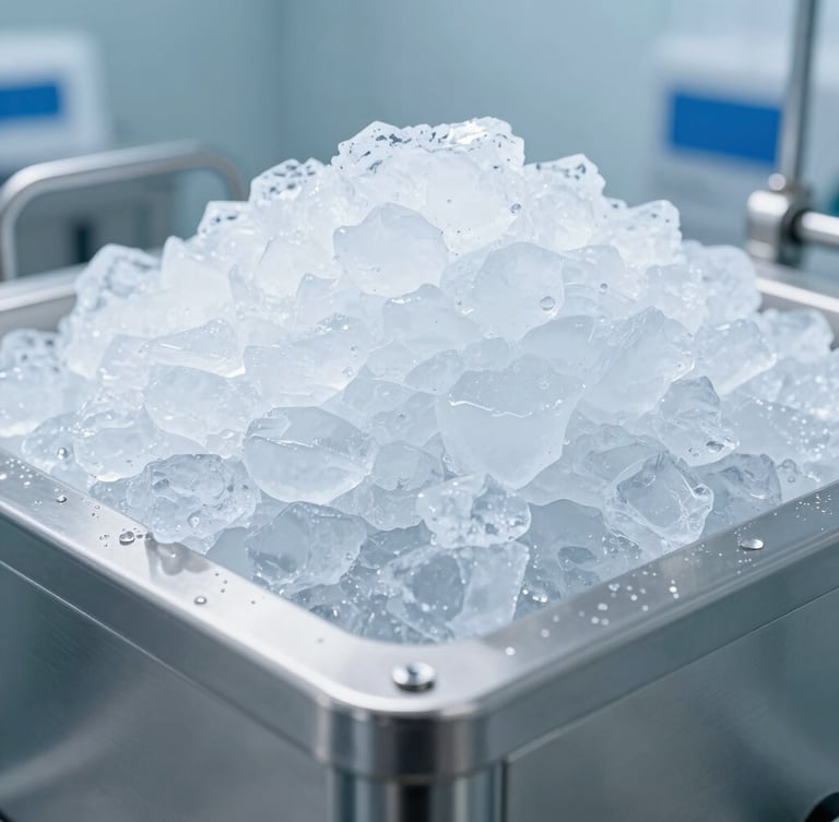Industrial stainless steel ice generator producing fresh flake ice in a sterile, clinical factory environment, cool blue tones, professional photography