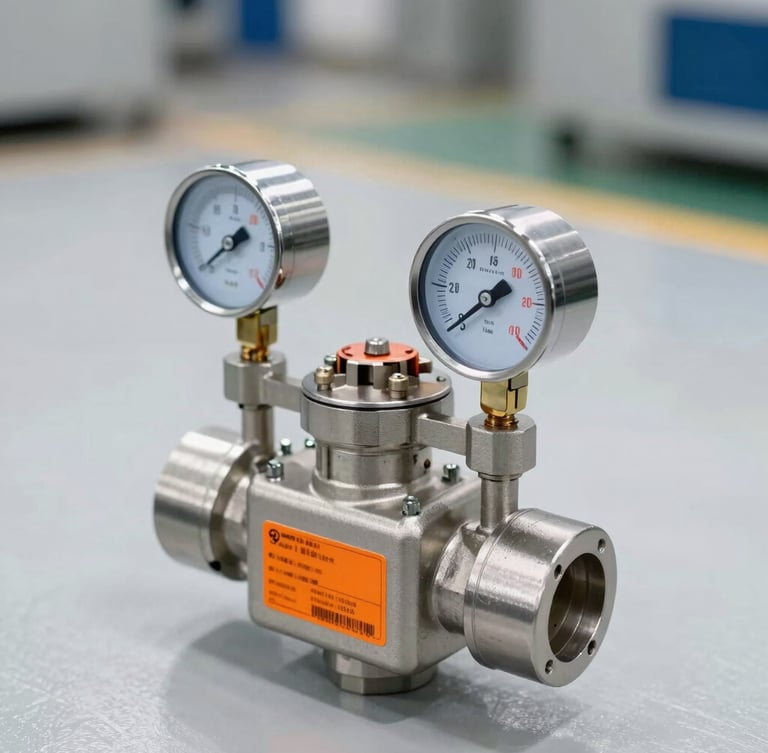 Close-up of a stainless steel explosion-proof solenoid valve box, technical gauges, clean factory floor daylight, cool steel tones with safety orange labels