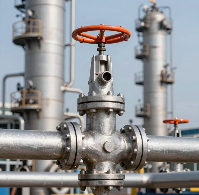 Industrial refinery tower background, close-up of heavy-duty stainless steel piping and valves, clean daylight, cool steel tones
