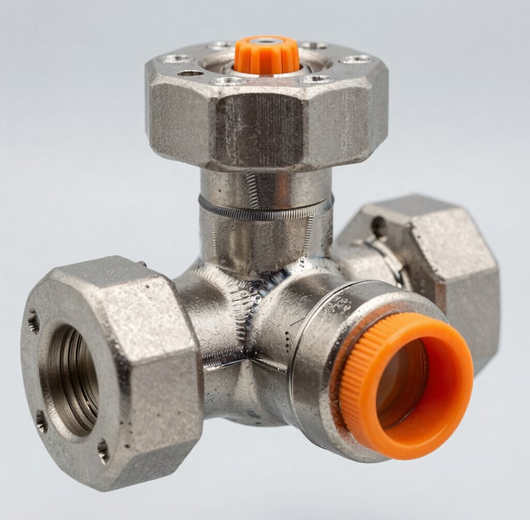 Close-up macro shot of a stainless steel industrial sampling valve, high-contrast cool studio lighting, safety orange indicator accent, sharp focus on steel welds and material traceability markings.