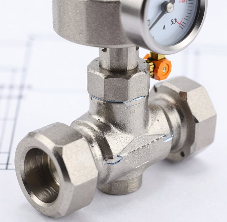 Macro close-up of a stainless steel industrial sampling valve, clean high-contrast studio lighting, cool metallic steel tones, sharp focus on precision welds and pressure gauge, technical blueprint lines subtly visible in the background
