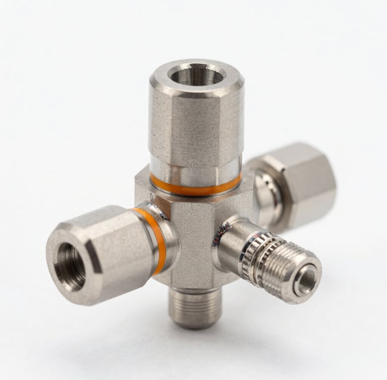 Macro shot of a high-precision stainless steel chemical sampler valve, clean studio lighting, cool steel tones, safety orange indicator line, sharp focus on welds