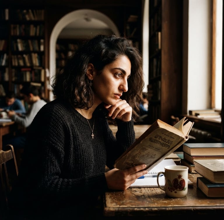 A high-contrast side-lit portrait of a young Armenian-American scholar in an academic setting, deep expressive eyes, warm natural light, editorial documentary style, 35mm.