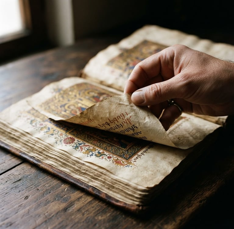 Close-up of a hand carefully turning the page of an ancient, illuminated Armenian manuscript, natural high-contrast side-lighting, rich textures of aged parchment, 35mm