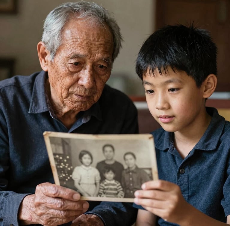 A multi-generational portrait of an elder and a young student looking at an old family photograph together, warm natural side-lighting, deep expressive eyes, 35mm