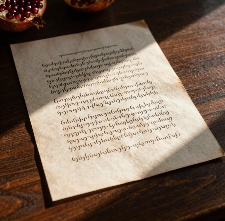 An archival document with elegant Armenian script resting on a dark wooden table, warm sunlight casting deep shadows across the paper texture, 35mm