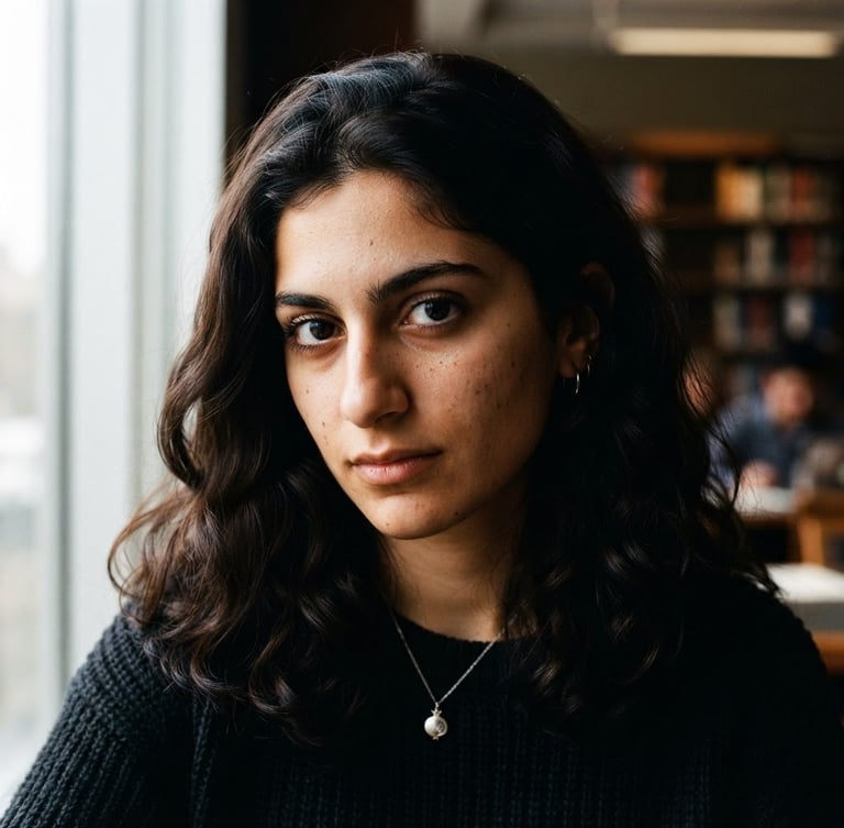 Close-up portrait of an Armenian-American student looking forward with deep, expressive eyes, natural high-contrast side-lighting, rich deep tones, 35mm
