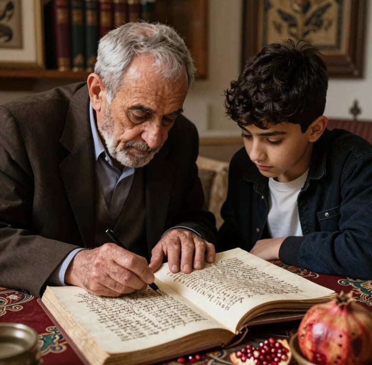 A medium documentary shot of an elder and a young student studying historical Armenian manuscripts together, warm side-lighting, rich textures, 35mm.