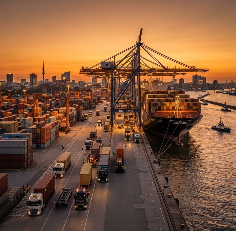 Wide panoramic shot of a container ship being loaded at a bustling port during golden hour, heavy-duty trucks waiting, crisp industrial lighting, rich deep tones, wide-angle lens, sharp focus, subject slightly to the right.