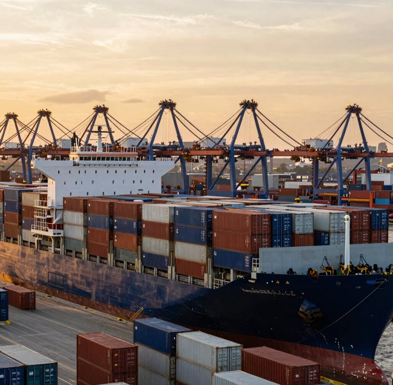 Wide panoramic view of a container ship being loaded at a bustling port during golden hour, focused on the containers, industrial editorial photography, deep rich tones