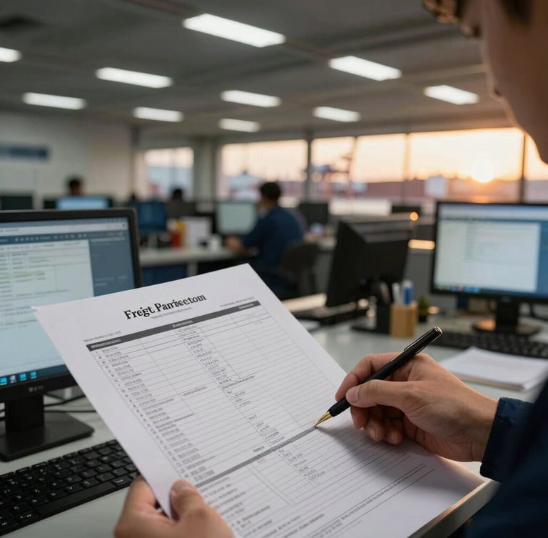 Close-up of a freight forwarding specialist reviewing shipping manifests on a computer, with a blurred background of a bustling port operations center, crisp industrial lighting.