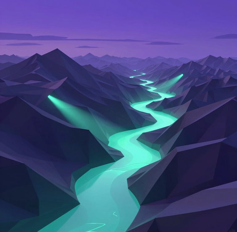 Wide panoramic surreal 3D render of low-poly digital mountains under a twilight sky, neon cyan glowing rivers cutting through the valleys, volumetric light shafts, octane render.