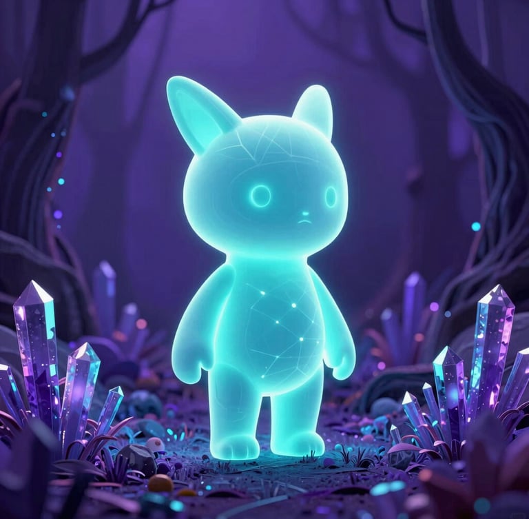 Portrait orientation 3D render of an abstract digital creature glowing with neon cyan light, navigating a deep violet forest of crystalline digital flora, octane render