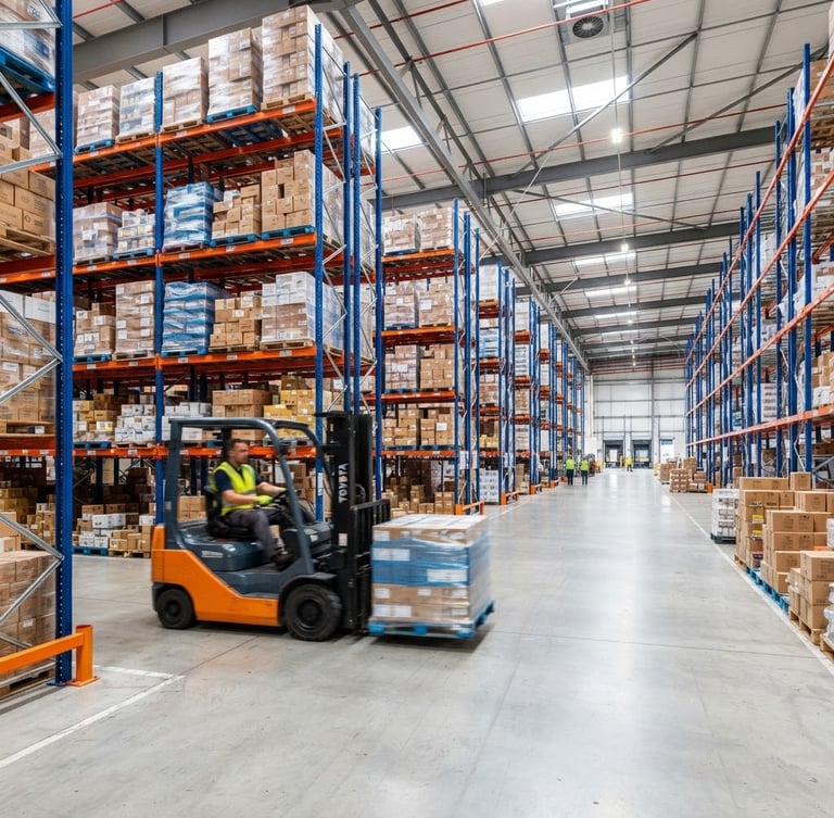 Wide-angle shot of modern warehouse interior, high-bay pallet racking, clean concrete floors, bright high-key industrial lighting, forklift in motion, blue and orange accents, focused on the left third.