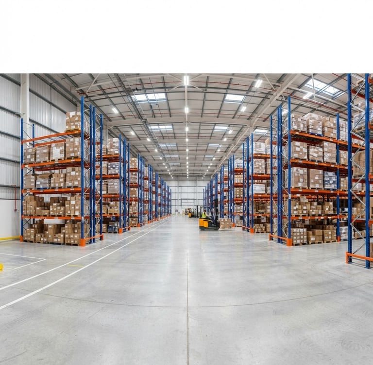 Wide panoramic shot of a modern warehouse interior, high-bay pallet racking, clean concrete floors, bright high-key industrial lighting, forklift in the distance, blue and orange accents.