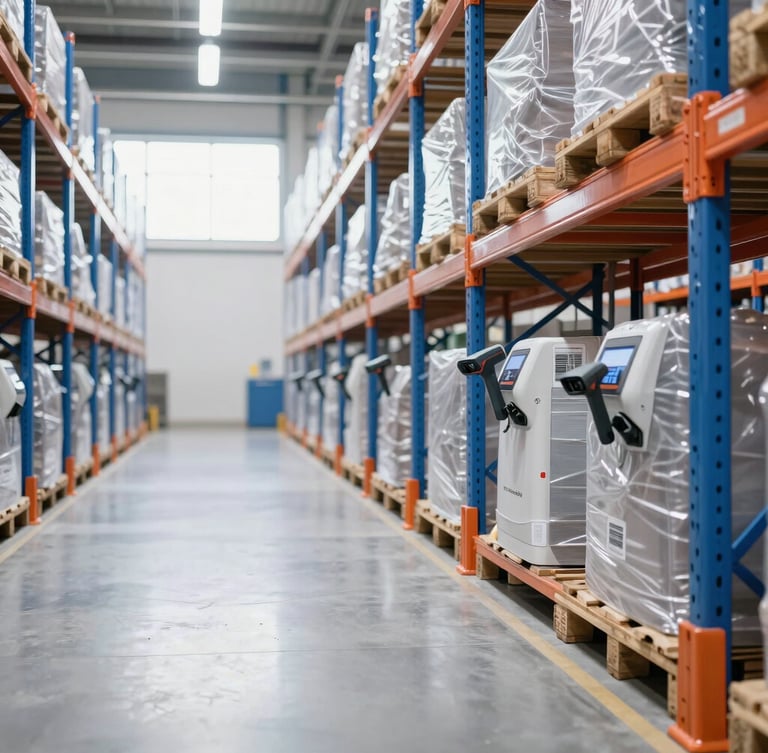 Portrait-oriented wide shot of clean warehouse aisle, high pallet racking, natural daylight from high windows, barcode scanning equipment visible, blue and orange accents, focused on the right half.