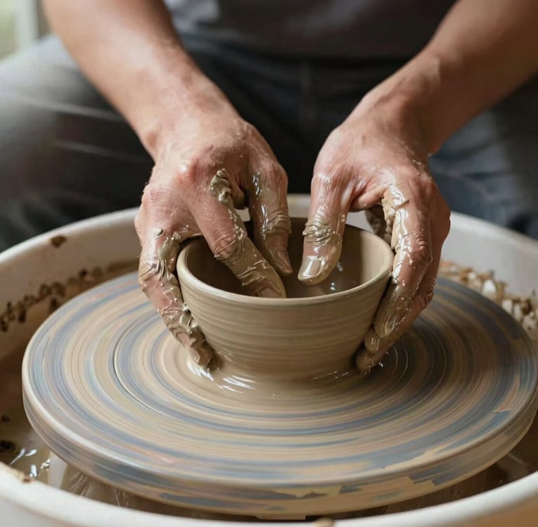 Close-up of potter's hands covered in wet clay shaping a delicate bowl on a spinning wooden wheel, warm morning window light, rich tactile textures, shallow depth of field
