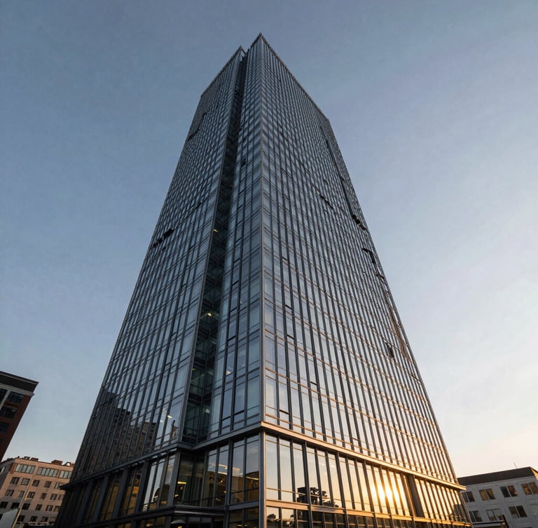 Dramatic wide-angle architectural rendering of a modern glass office tower in Brickell at twilight, low-angle looking up, high-contrast coastal light, sharp reflections, editorial realism