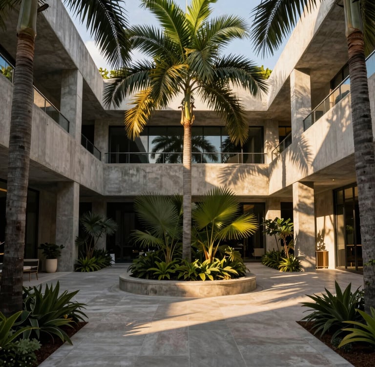 Vertical portrait of a lushly landscaped modern courtyard in Miami, concrete structures intertwined with tropical palms, dramatic shadows
