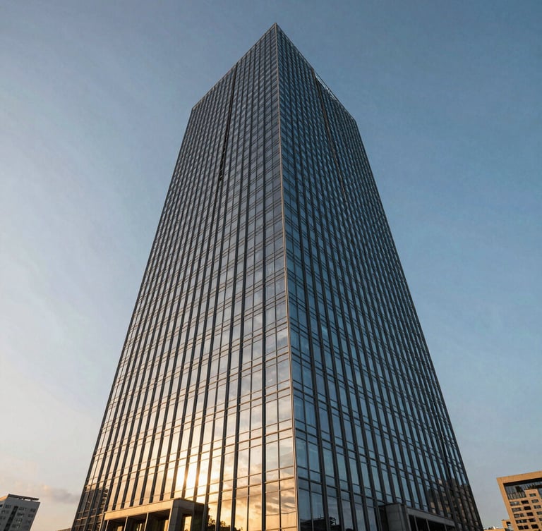 Dramatic low-angle architectural rendering of a modern glass skyscraper reflecting coastal golden hour light, high-contrast, sharp details, 35mm